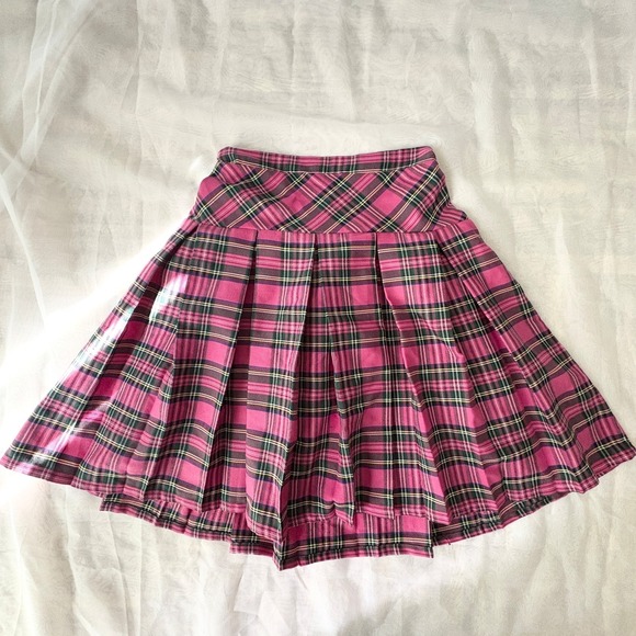 Sunny Fashion Dresses & Skirts - Pink Plaid Pleated Mini Skirt Tartan Side Zip Elastic Back Size 13/14